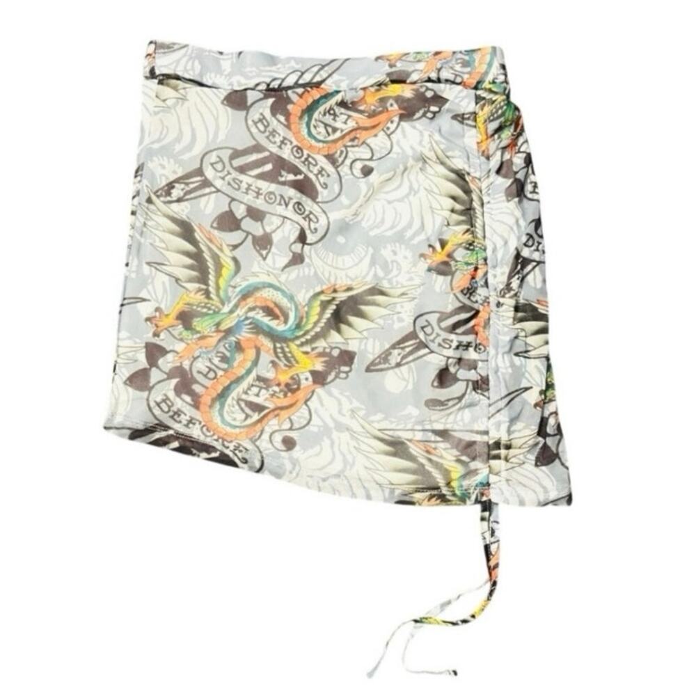 Ed Hardy Tattoo print side tie White mesh dragon paisley mini short skirt sz Med